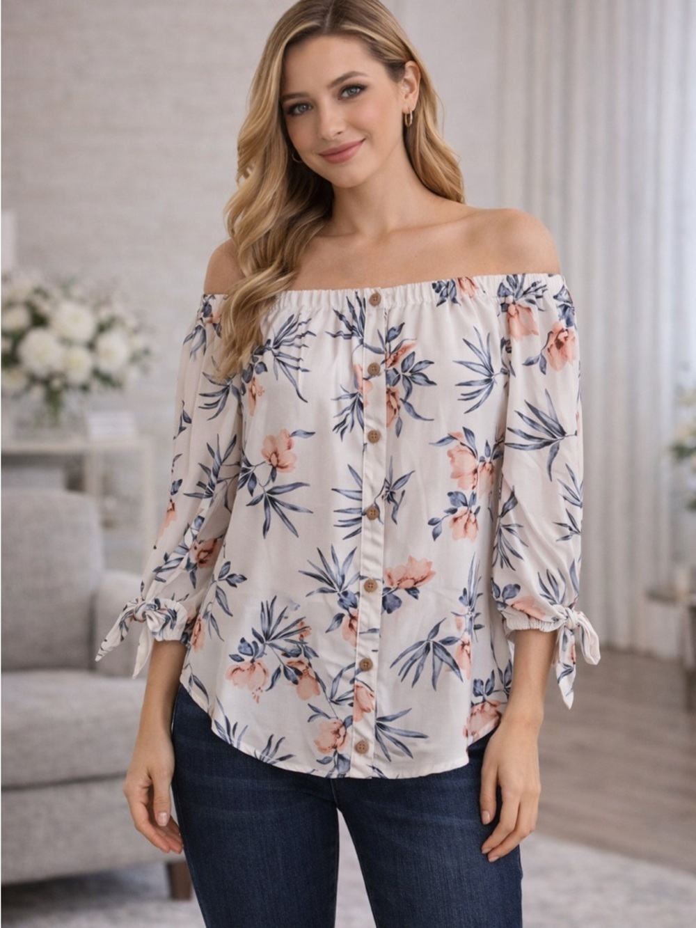 Iz Byer Women’s Floral Off-Shoulder Blouse – White with Pink & Blue Print, (S)